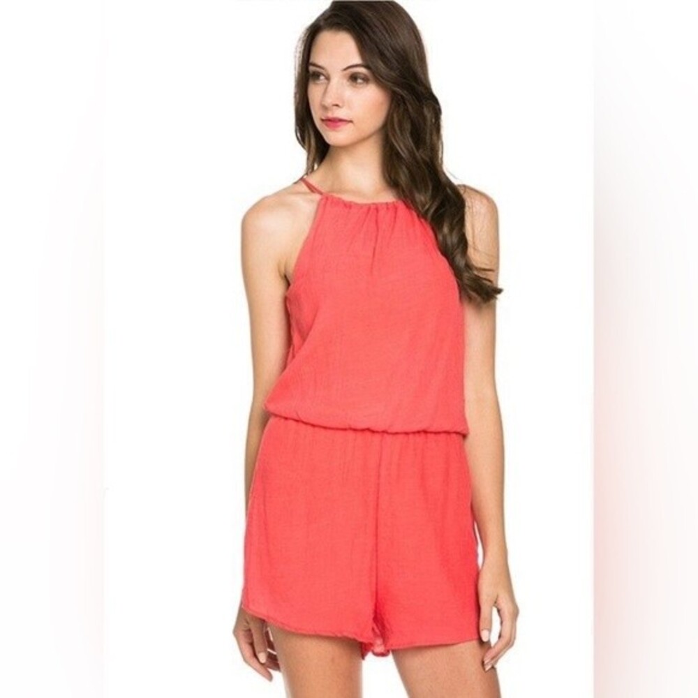 The Impeccable Pig coral adjustable strap romper size small